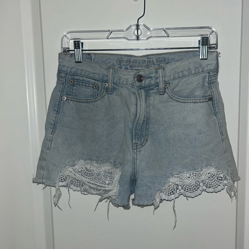 American Eagle Outfitters Light Blue Denim Shorts with White Lace Trim